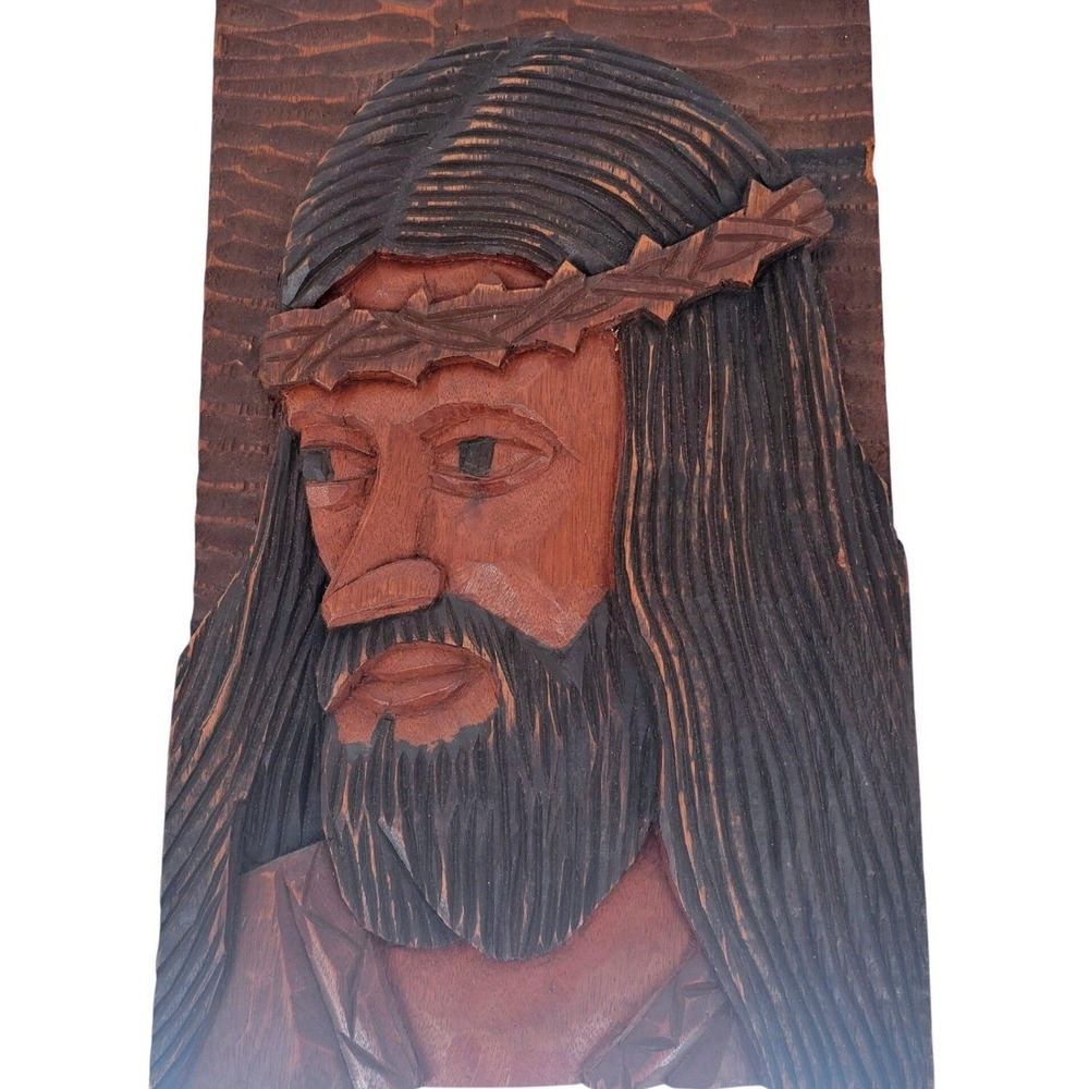 Vintage Hand Carved Wood Jesus Christ Relief Plaque Signed JBS Nov 1981 Folk Art